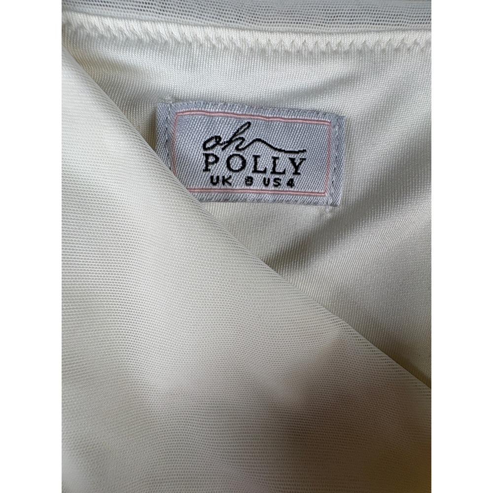 Oh Polly Ivory Ruched Mesh Mini Dress Rhinestone Chain Cutout One Shoulder US 4 - Picture 7 of 10